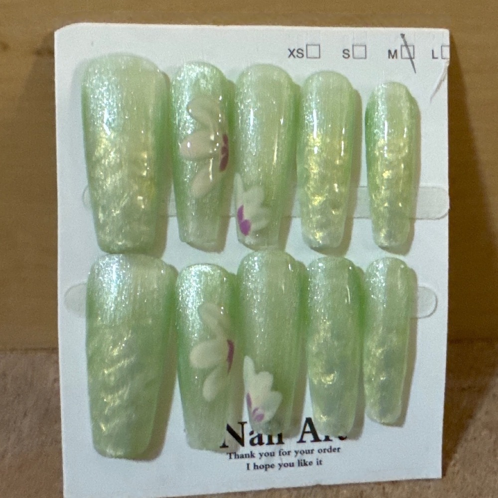 Mint Green Shimmer Floral Press On Nails Long Coffin Size Medium 10pc